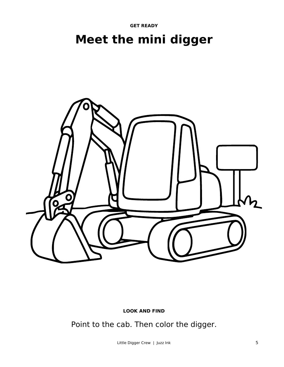 Little Digger Crew page showing a mini digger and a prompt to point to its cab