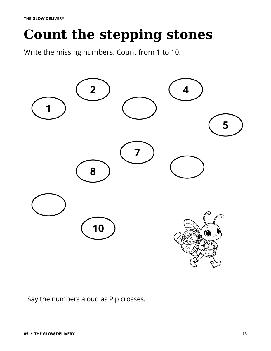 The Glow Delivery activity page asking children to count stepping stones from one to ten