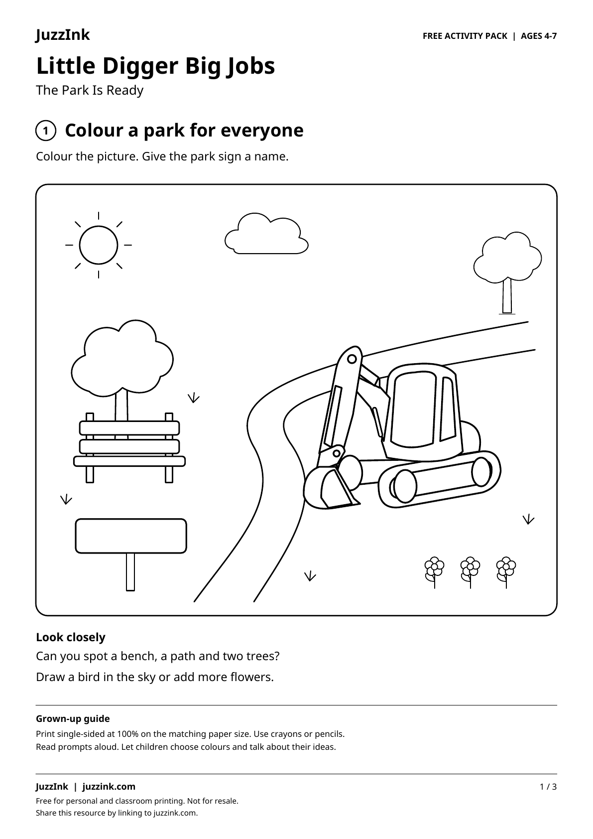 First activity page showing a digger in a park to colour, with a bench, trees, flowers and a blank park sign