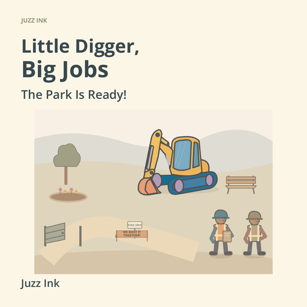 Little Digger, Big Jobs: The Park Is Ready! front cover showing Digger and the crew at their finished park