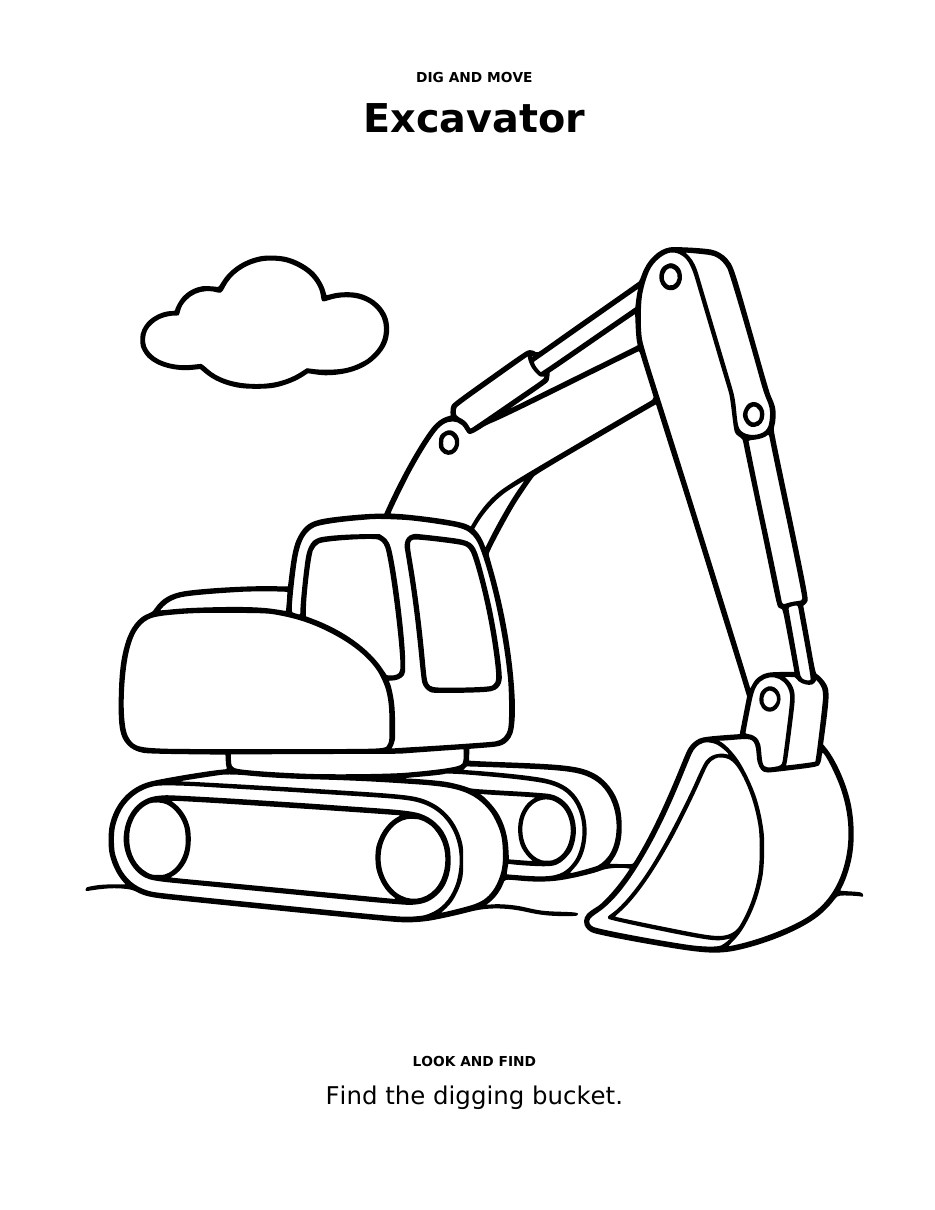 Excavator colouring page with a prompt to find the digging bucket