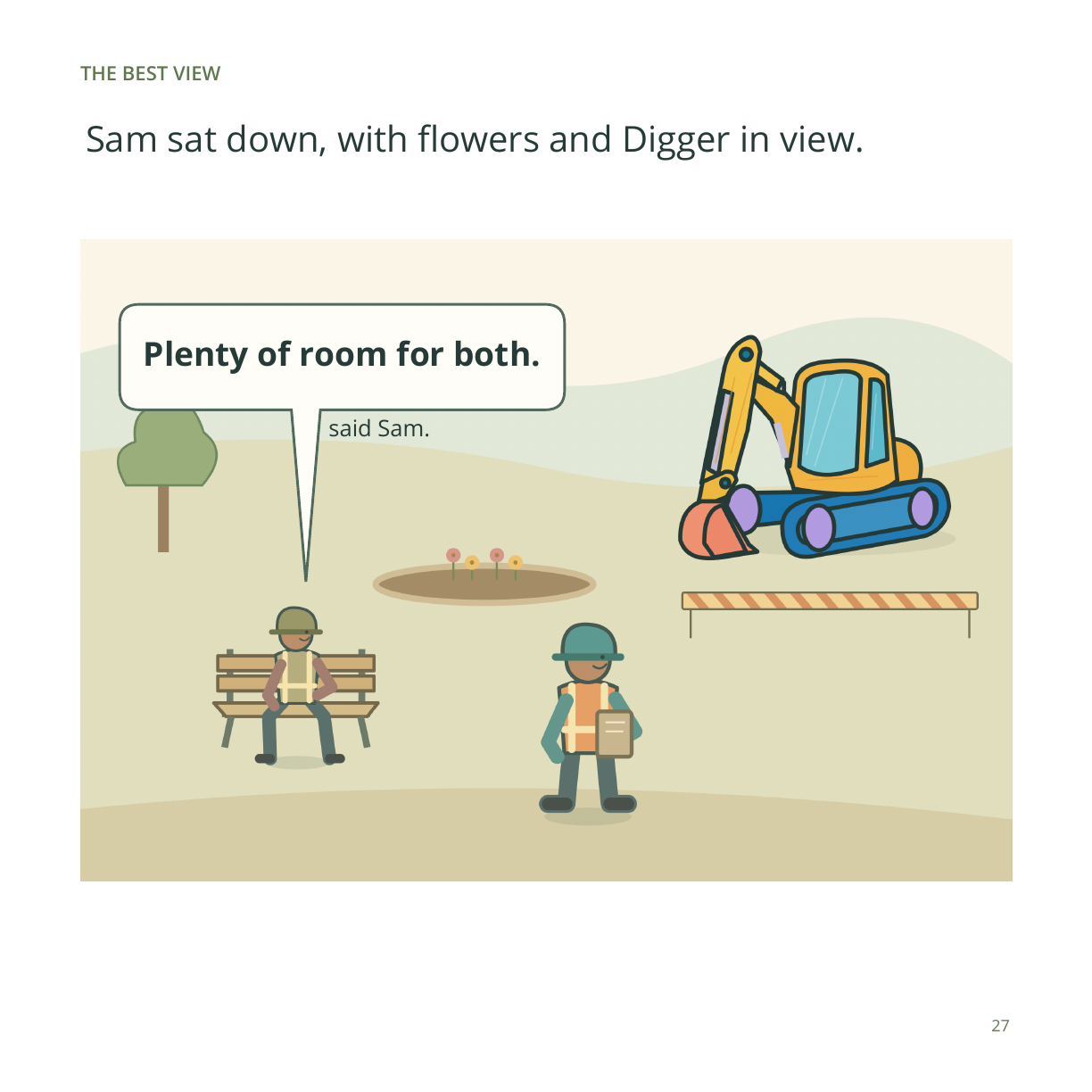 The Best View page showing the crew beside a park bench and flowers
